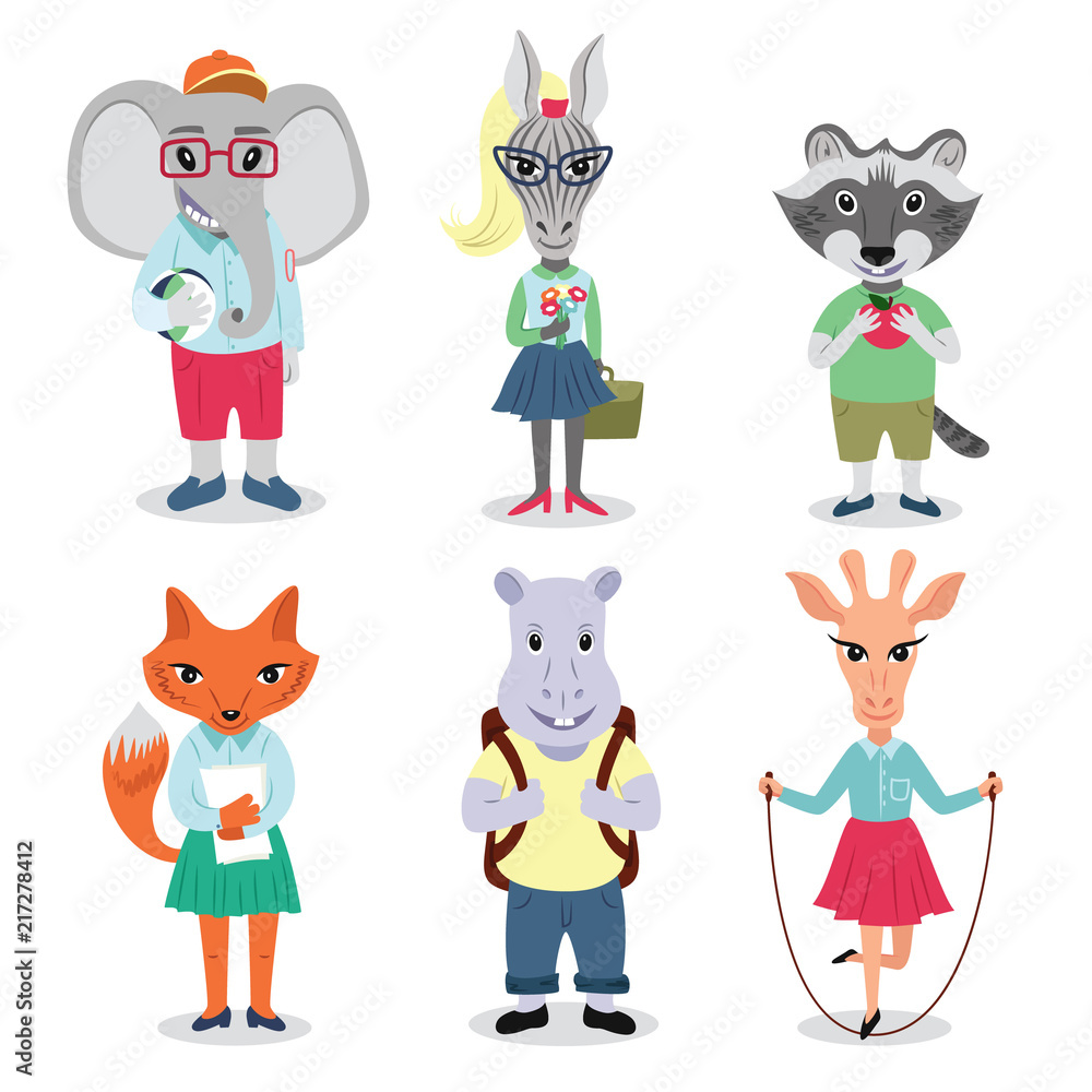 Fototapeta Cute animals set with characters going to school: elephant,racoon, fox, giraffe, zebra and hippo.