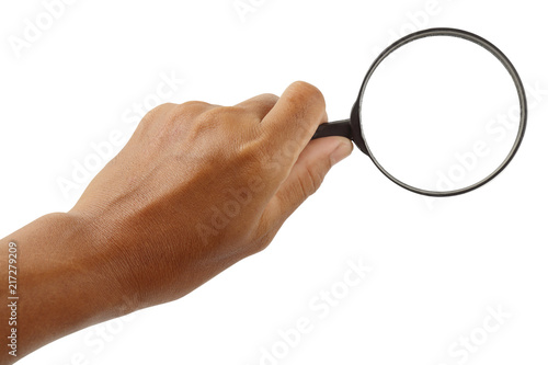 Magnifying glass in hand isolated clipping path