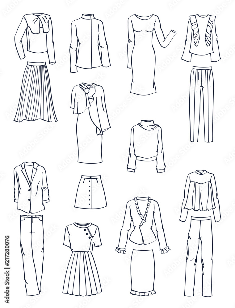 Contours of women's clothes for fall, dresses, pants, suits,skirts and etc, isolated on white background Contours of women's clothes for fall, dresses, pants, suits,skirts and etc, isolated on white background