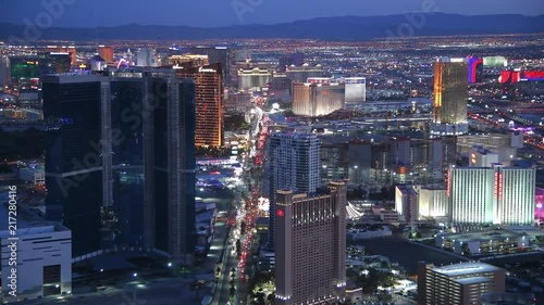LAS VEGAS, NV - JUNE 30, 2018: Night view of The Strip from city rooftop. Las Vegas is the world gambling capital