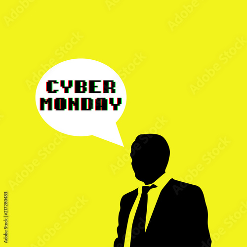 Icono plano CYBER MONDAY color en burbuja en blanco y hombre en fondo amarillo