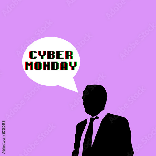 Icono plano CYBER MONDAY color en burbuja en blanco y hombre en fondo violeta
