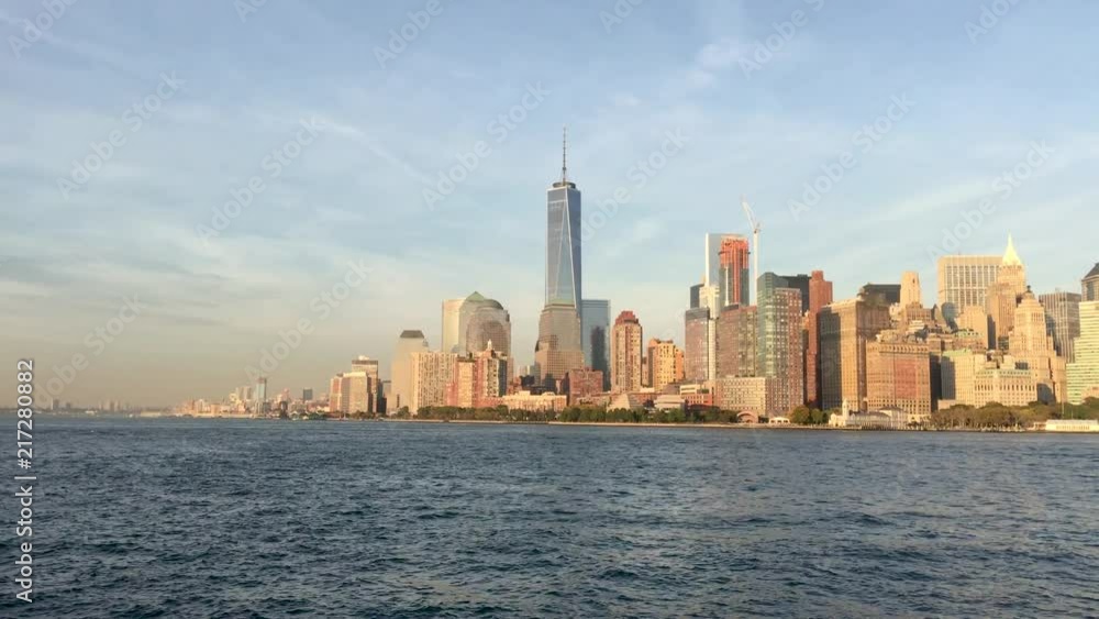 Lower Manhattan panorama from the water at dusk Lower Manhattan panorama from the water at dusk