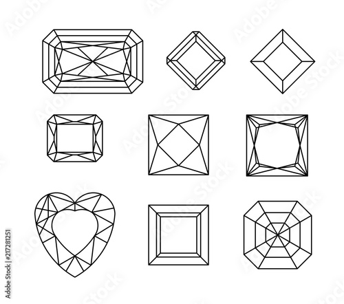 Diamond. Vector set of gems drawing line. Crystal forms. Geometric shapes of precious stones. Jewelry outline contour. Geometry figures. Diamond design elements.