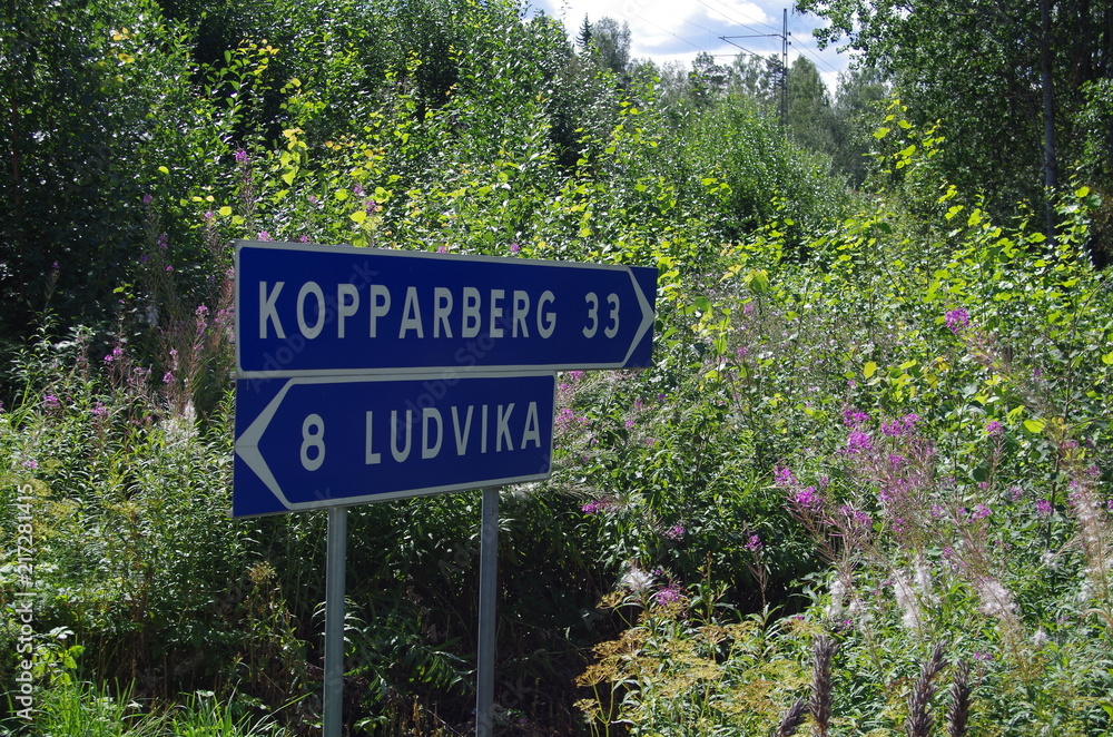 Road sign to Ludvika and Kopparberg in rural Dalarna