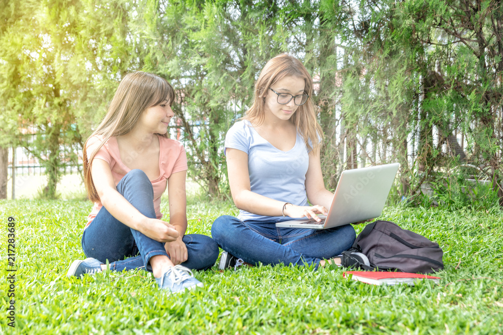 Couple of female teenagers looking to laptop seated on the grass Couple of female teenagers looking to laptop seated on the grass