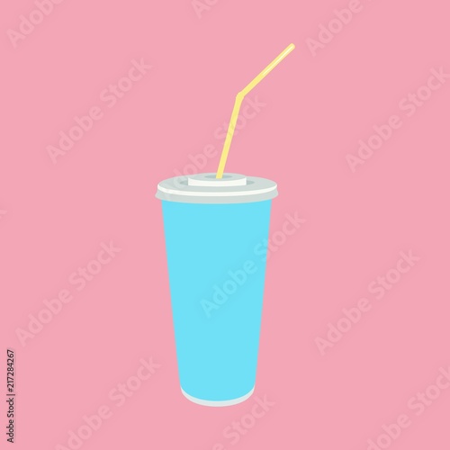 Blue Cup template with drinking straw on pink background. For milkshake, coffee, tea, Cola, cocktails, soda or cold beverage. Vector illustration. mockup.