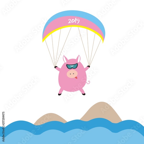 Fototapeta Naklejka Na Ścianę i Meble -  funny pig on a parachute over the sea. Zodiac chinese symbol. Greeting card. flat vector illustration. the year of the Pig 2019.