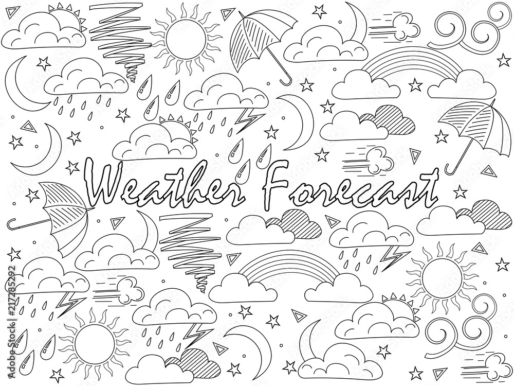 Objects of linear art on a white background. Weather forecast, news. Vector