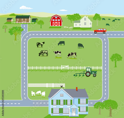 Grüne Landschaftsillustration mit Bauernhof und Landstraße