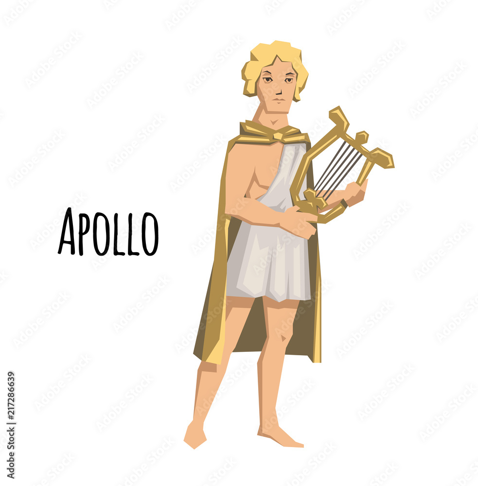 Apollo, ancient Greek god of archery, music, poetry and the sun with lyre.  Ancient Greece mythology. Flat vector illustration. Isolated on white  background. Stock Vector | Adobe Stock