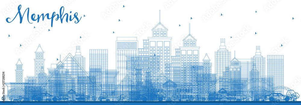 Outline Memphis Tennessee City Skyline with Blue Buildings.
