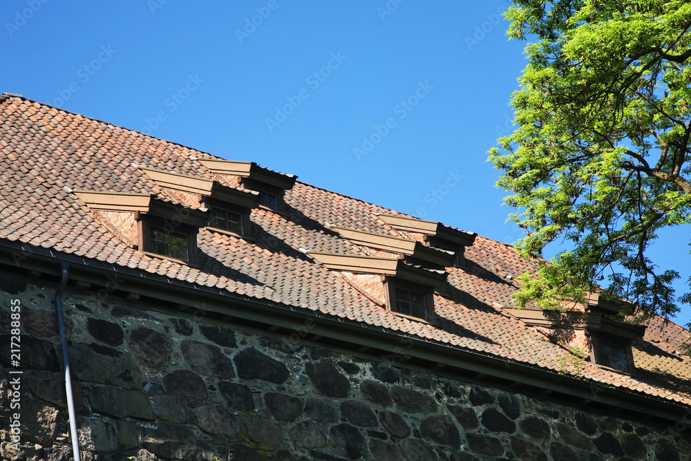Naklejka premium Fragment of roof of house at Akershus fortress in Oslo. Norway