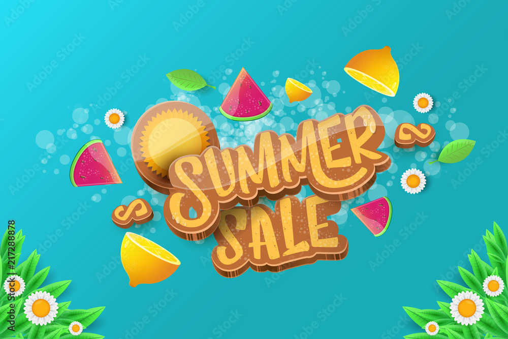 vector sammer sale horizontal banner with text, summer green grass, flying fresh lemons, flowers and slice of watermelon. Creative 3d summer shopping horizontal poster or label vector sammer sale horizontal banner with text, summer green grass, flying fresh lemons, flowers and slice of watermelon. Creative 3d summer shopping horizontal poster or label