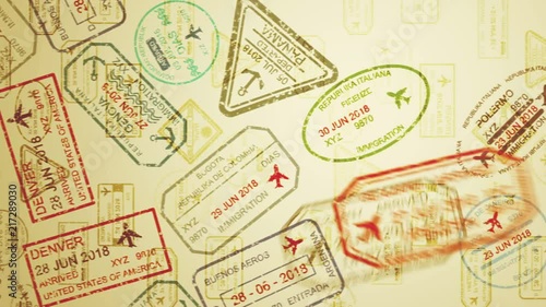 A horizontal pan 3d rendering of triangular, round and rectangular travel stamps landing on sandy surface with many marks in the canary yellow background. It looks cheerful and jolly. 