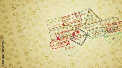 An optimistic 3d rendering of square, oval, triangular and round travel stamps flying over the sandy surface and leaving marks in the camel yellow background. It looks hilarious and cheery.  photo