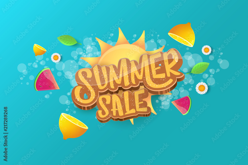 vector sammer sale horizontal banner with text, summer green grass, flying fresh lemons, flowers and slice of watermelon. Creative 3d summer shopping horizontal poster or label