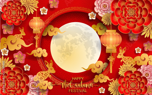  Mid Autumn Festival with paper cut art and craft style on color Background.