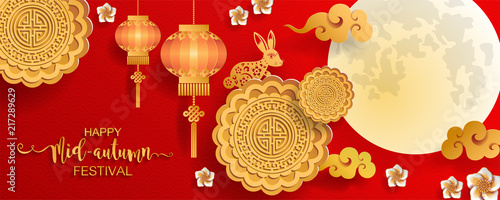  Mid Autumn Festival with paper cut art and craft style on color Background.