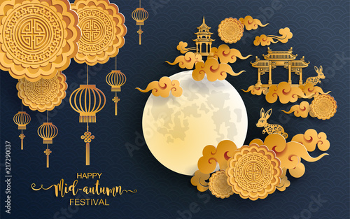  Mid Autumn Festival with paper cut art and craft style on color Background.