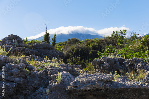 Sea view from beach with sunny sky.Summer rest on the beach of Albania.Dhermi. photo