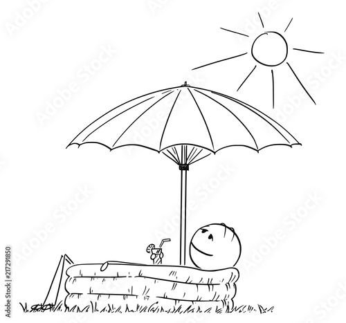 Cartoon stick drawing conceptual illustration of man enjoying the sunny day lying in inflatable pool under umbrella with drink in hand.
