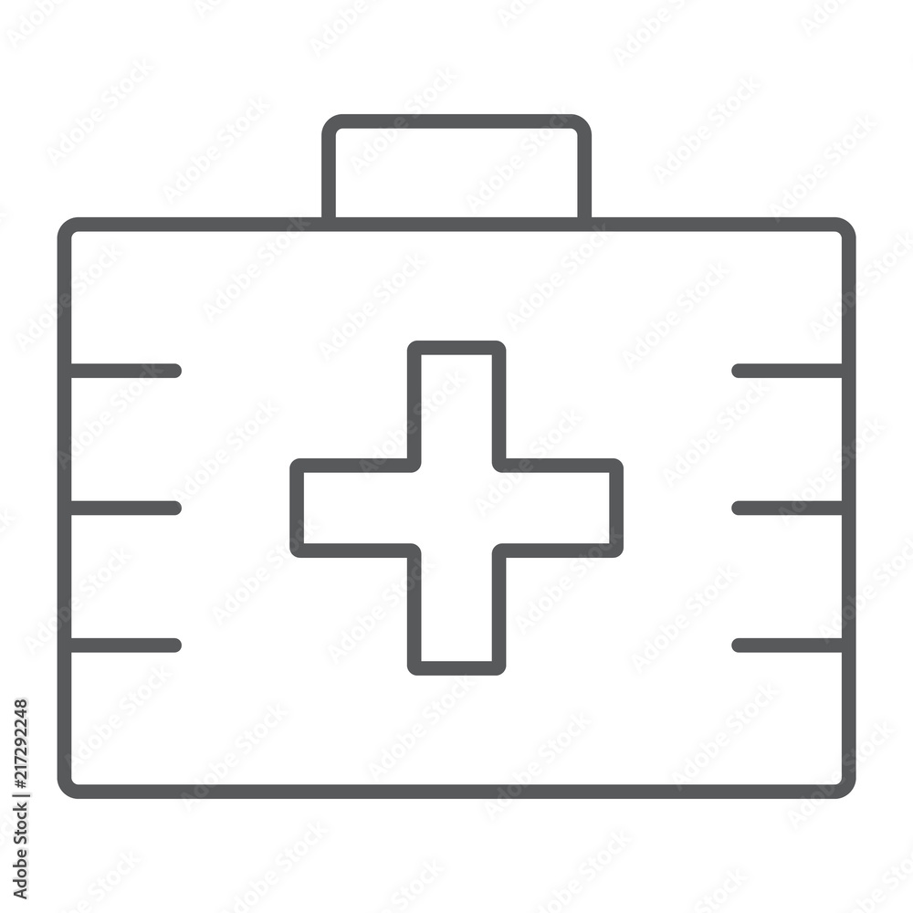 Fototapeta premium First aid kit thin line icon, health and clinical, medical bag sign, vector graphics, a linear pattern on a white background, eps 10.