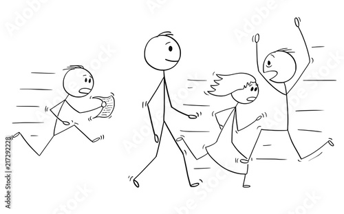 Cartoon stick drawing conceptual illustration of confident man or businessman walking slowly and calmly with crowd of people in stress running and hurrying around him. Business concept of self