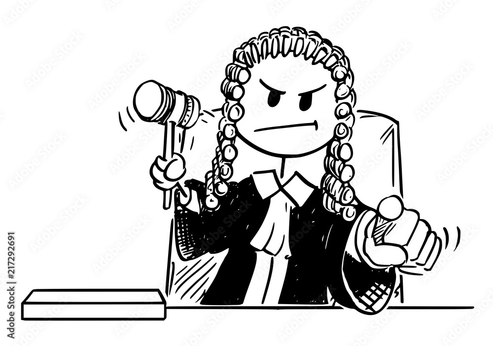 Cartoon stick drawing conceptual illustration of angry judge holding gavel  or hammer and pointing his finger during pronouncing a verdict. Stock  Vector | Adobe Stock