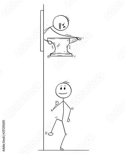 Cartoon stick drawing conceptual illustration of man or businessman dropping the iron anvil on his competitor. Business concept of unfair competition.