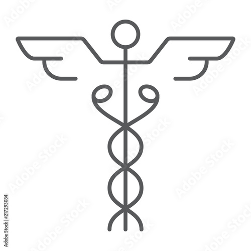 Caduceus thin line icon, medical and hospital, pharmacy sign, vector graphics, a linear pattern on a white background, eps 10.