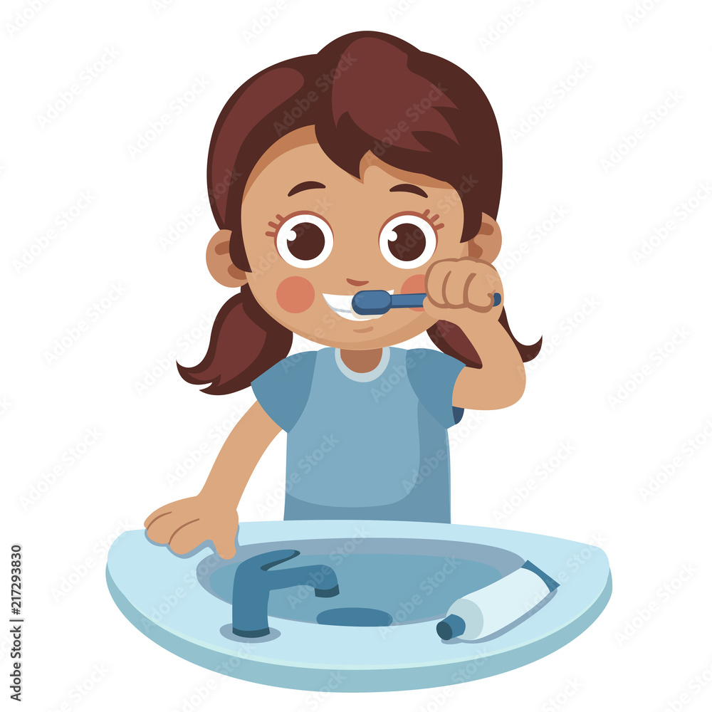 Child brushing her teeth. Cute little girl with a toothbrush and a sink  smiling. Cartoon vector illustration Stock Vector | Adobe Stock
