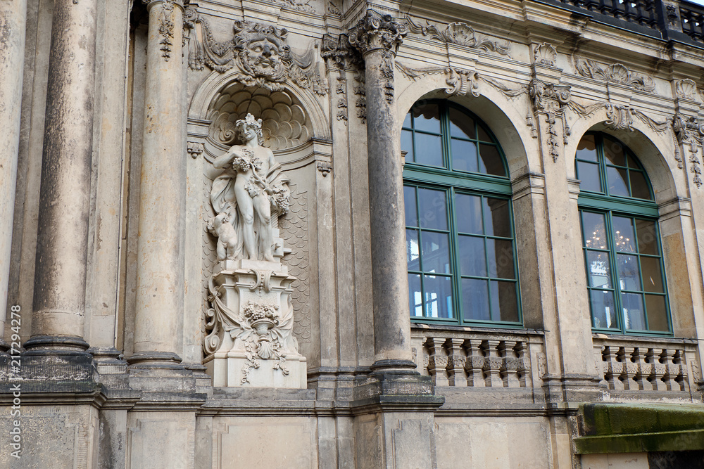 Architectural fragments of the Zwinger Pavion (Der Dresdner Zwinger, 17 century). Zwinger is built in Rococo style in Dresden, Germany