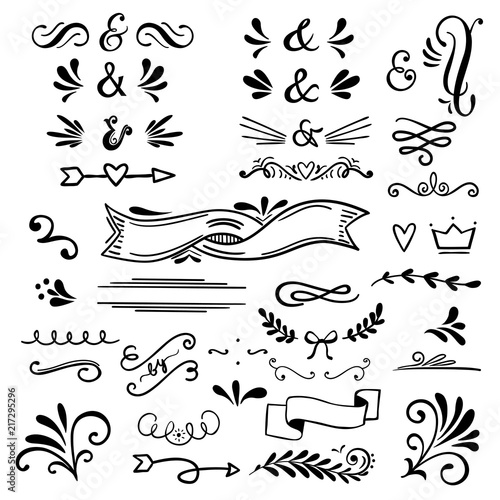   Floral and graphic  design elements with ampersands.Vector set of text dividers for lettering.Doodles border,arrow and decorative hearts.