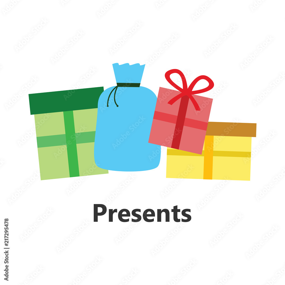 Colored christmas presents logo on white background cartoon text Colored christmas presents logo on white background cartoon text