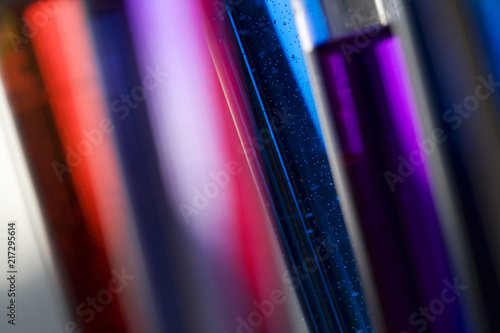 close up of coloured test tubes in a chemistry laboratory