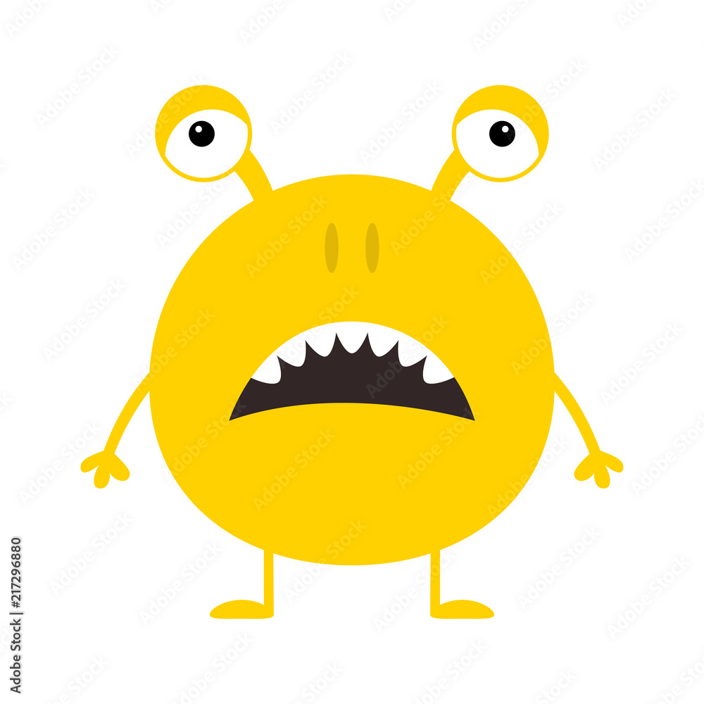 Obraz premium Cute yellow monster icon. Happy Halloween. Cartoon colorful scary funny character. Eyes, ears, nose, open mouth. Funny baby collection. White background Isolated. Flat design.