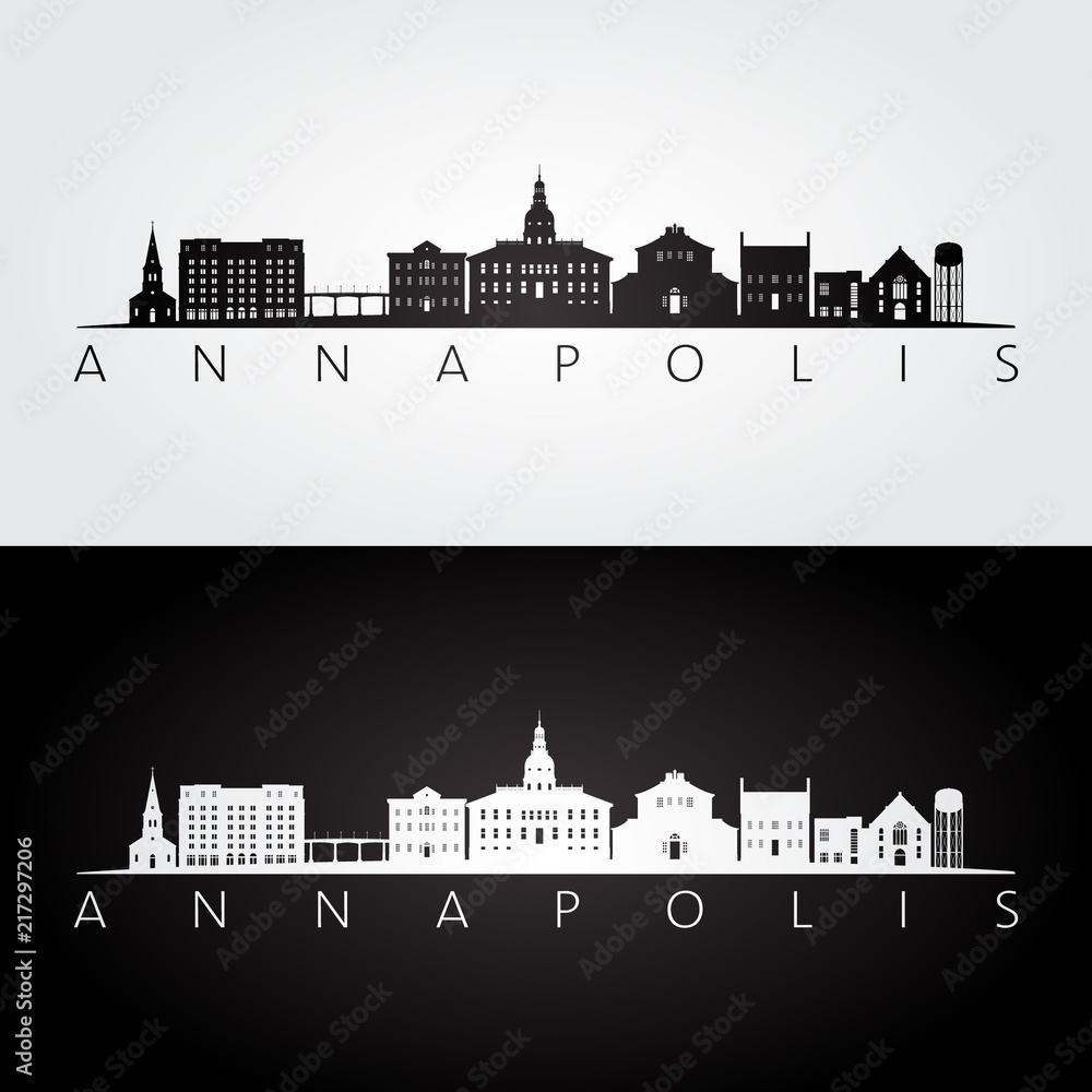 Annapolis, USA skyline and landmarks silhouette, black and white design, vector illustration.