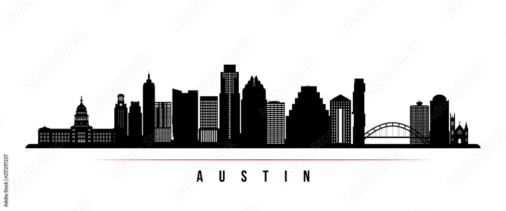 Austin city skyline horizontal banner. Black and white silhouette of Austin city, USA. Vector template for your design.