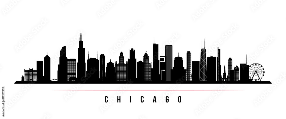Obraz premium Poziomy baner panoramę miasta Chicago. Czarno-biała sylwetka miasta Chicago, USA. Wektorowy szablon dla twój projekta.