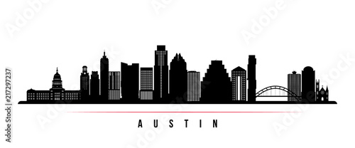 Austin city skyline horizontal banner. Black and white silhouette of Austin city, USA. Vector template for your design. photo