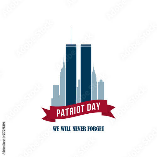 9/11 Patriot Day card with Twins Towers. USA Patriot Day banner. September 11, 2001. World Trade Center. We will never forget you. Vector design template for Patriot Day. photo