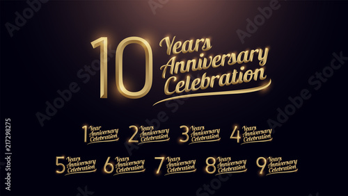 1, 2, 3, 4, 5, 6, 7, 8, 9, 10 years anniversary celebration gold number and golden graphic dark background. vector illustration