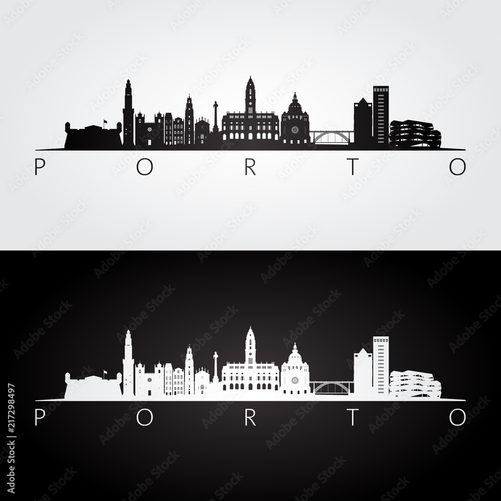 Porto skyline and landmarks silhouette, black and white design, vector illustration.