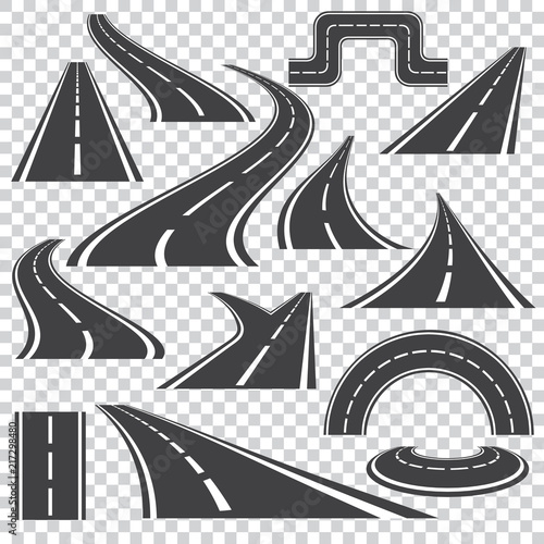 Asphalt logo set  with  isolated curvy  roads  and fork turns .Different perspective  on a transparent background. Vector way illustration icons.