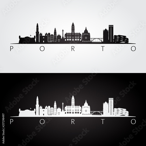 Porto skyline and landmarks silhouette, black and white design, vector illustration.