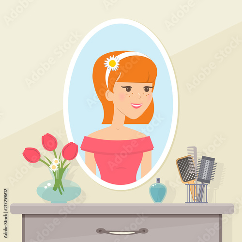 Red-haired young girl looks in the mirror. Vector flat  illustration.