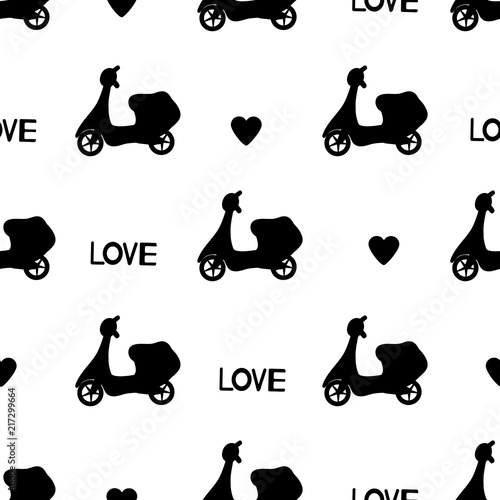 Seamless pattern with black mopeds, words Love and hearts.