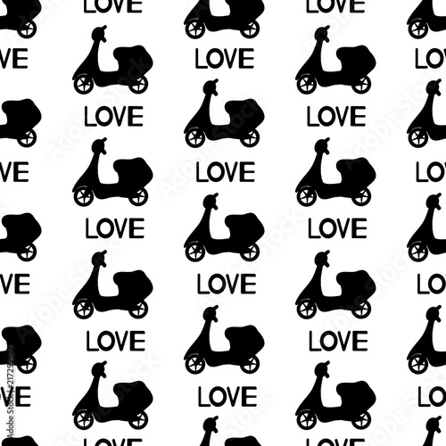 Seamless pattern with black mopeds and words Love.