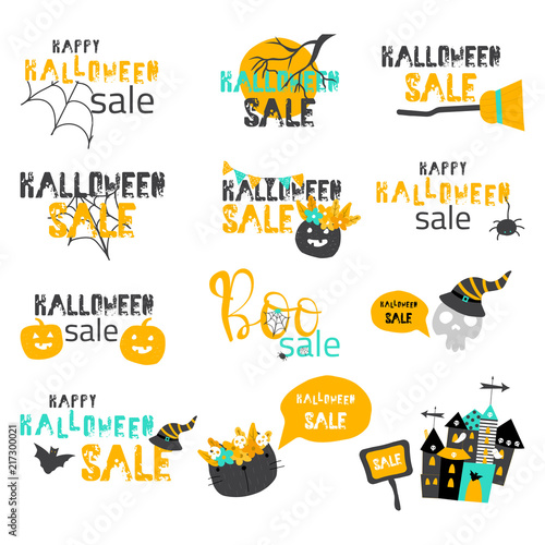 Set of  funny Halloween sale badges. Vector hand drawn illustration.